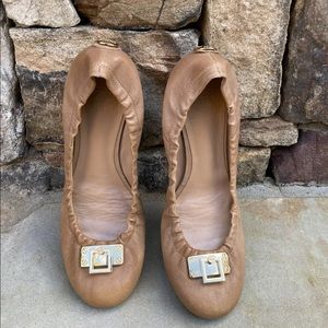 Tory Burch Brown Leather Ballet Flats Gold Logo Womens Sz 7M